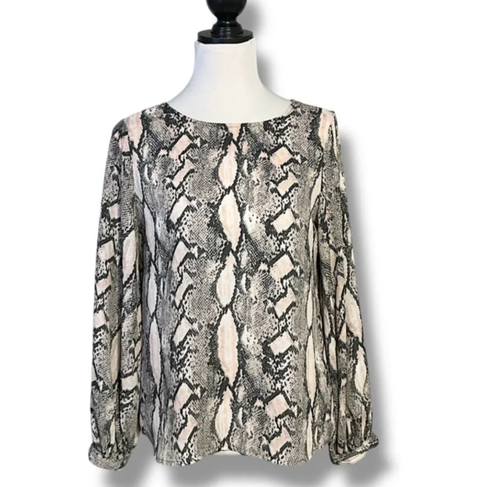 Worthington Women's Snake Print Blouse Ballon Sleeve Black Pink Blush Top XS - Picture 2 of 16